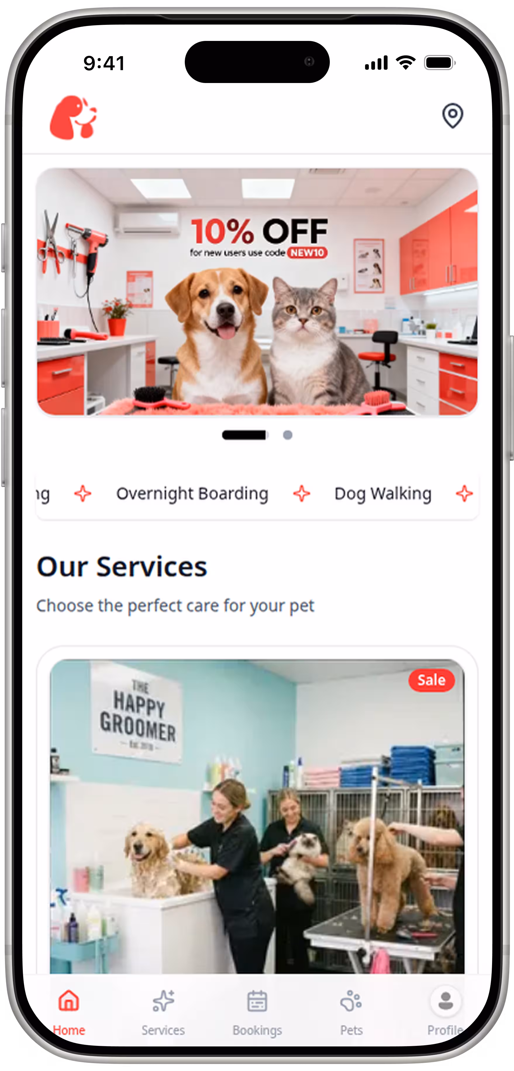 Centralized Discovery Dashboard: The welcoming home interface features a personalized greeting and intuitive service categories, allowing users to navigate between grooming, walking, and boarding services instantly.