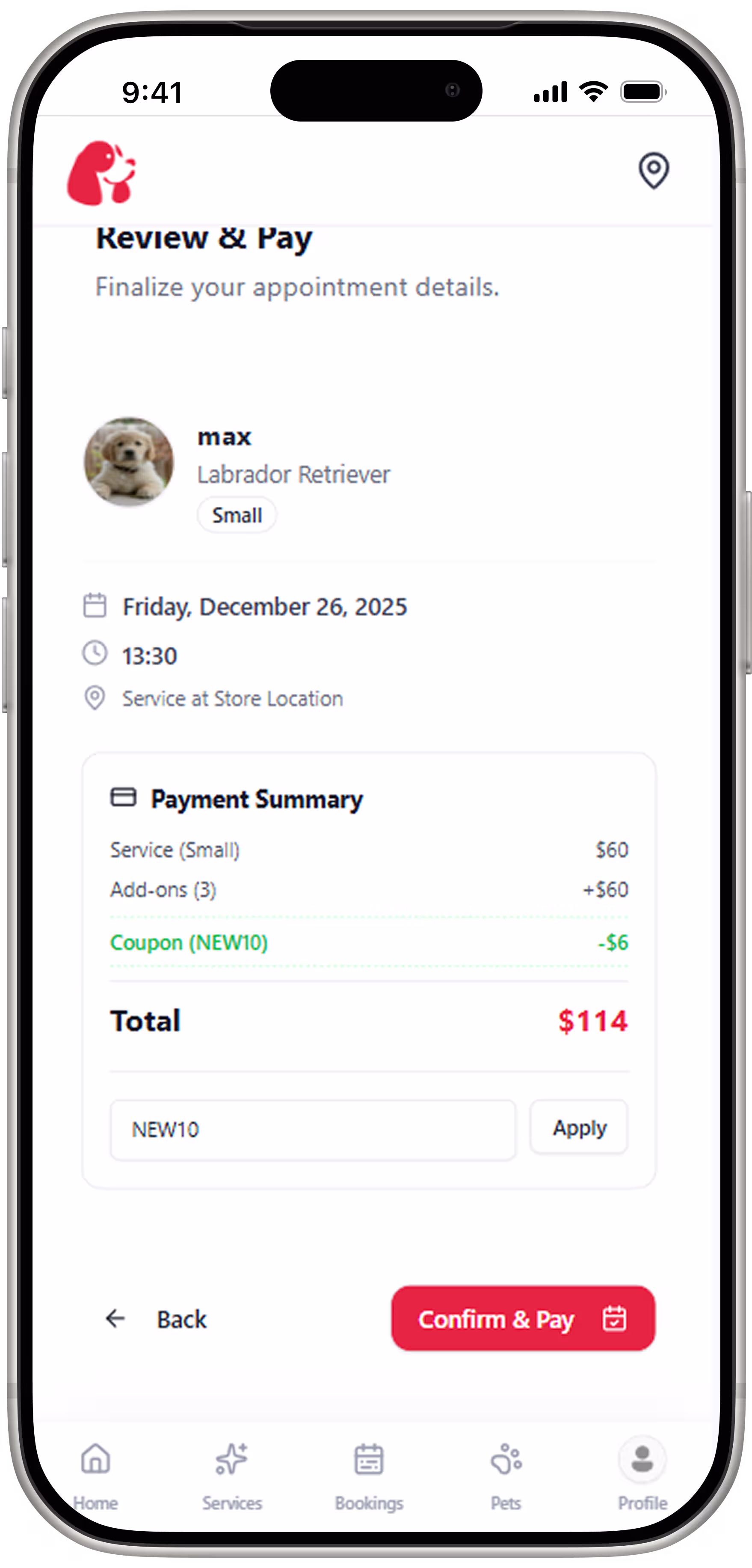 Streamlined Checkout & Payment: A secure review screen that summarizes the appointment details, applies promo codes or discounts automatically, and processes payments for a frictionless conversion experience.